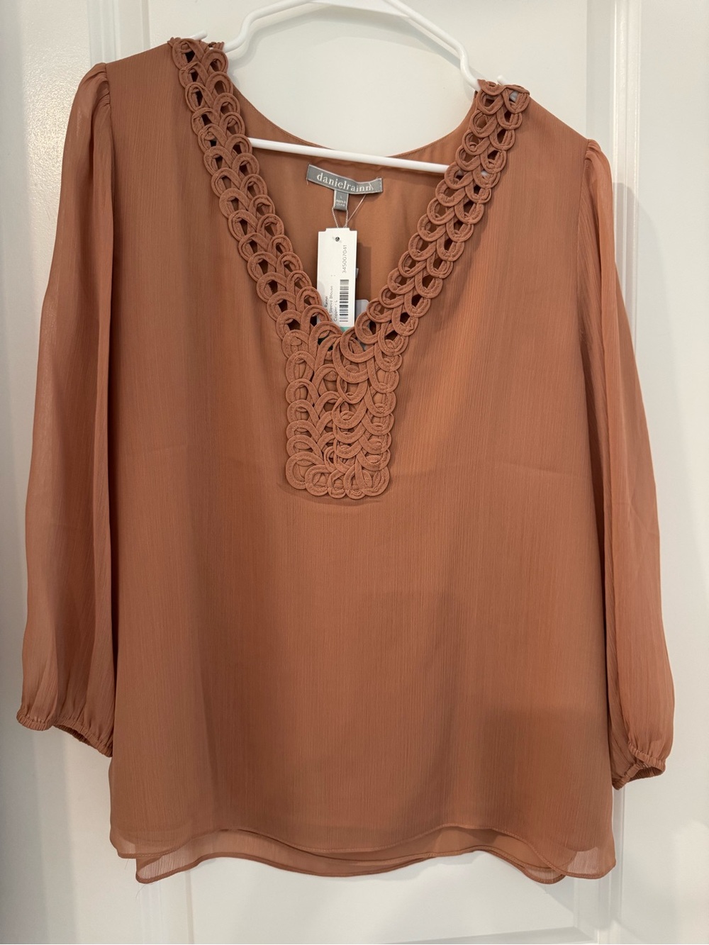 Daniel Rainn Terracotta Crochet-Trim V-Neck Blouse